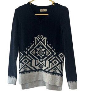Hollister Womens Black & Gray Fair Isle Knit Sweater V-Neck Small